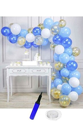 Beyaz-açık Mavi-lacivert-altın Konfetili Doğum Günü Balon Zinciri 62 Parça