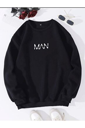 Oversize Man Baskılı Siyah Sweatshirt