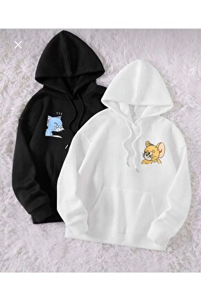 Oversize Siyah Beyaz Tom&jerry Tasarım Ikili Paket Unisex Sweatshirt