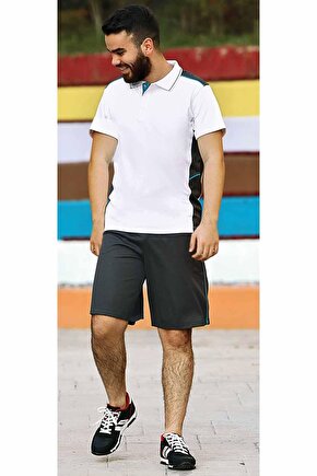 9663-erkek (BEYAZ)füme Bol Kesim Kısa Kol Polo Yaka T-shirt, Alt Üst Şort Takım