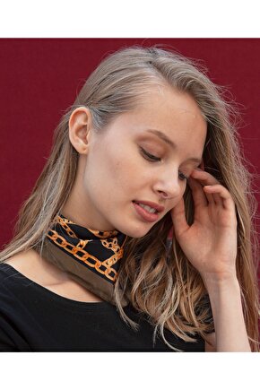 Yeşil Siyah Zincir Desenli Saten Bandana Fular