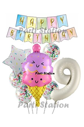 İce Cream Dondurma Konsept Doğum Günü 9 Yaş Balon Set Yaz Tema Sevimli Dondurma Folyo Balon Set