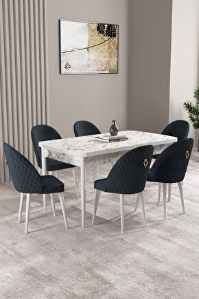 Lima Beyaz Mermer Desen 70x114 Mdf Açılabilir Mutfak Masası Takımı 6 Adet Sandalye