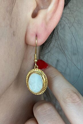 Birinci1926 925 Ayar Gümüş Vintage Oval Çizgili Mother of Pearl Küpe