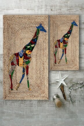 Renkli Zürafa Desenli Jüt 2li Halı Takımı (60x10040x60) - Esta1228