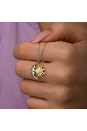 himarry 925 Ayar Gümüş Opal Beyaz Taşlı Ay Güneş Kadın Kolye