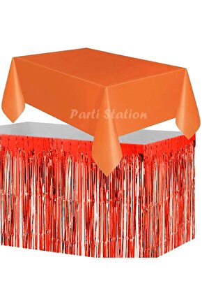 Masa Örtüsü ve Masa Eteği Set Plastik Turuncu Renk Masa Örtüsü Kırmızı Renk Metalize Masa Eteği Set