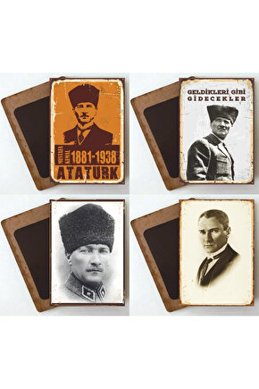 Mustafa Kemal Atatürk 4lü ahşap magnet buzdolabı süsü