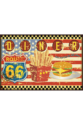 route 66 diner hambugrer fast food vintage tarz levha ev dekorasyon tablo retro ahşap poster