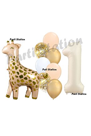 Zürafa Balon Set Safari Zürafa 1 Yaş Balon Set Sevimli Zürafa ve Krem Rakam Balon Doğum Günü Set