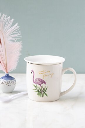 Flamingo Motifli Porselen Tabaklı Kupa Bardağı
