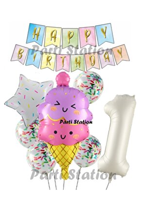 İce Cream Dondurma Konsept Doğum Günü 1 Yaş Balon Set Yaz Tema Sevimli Dondurma Folyo Balon Set
