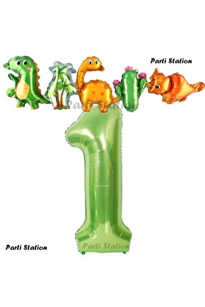 Yeşil Renk Rakam Balonlu Dinozor 1 Yaş Doğum Günü Parti Yapışık Balon Set Dinozor Tema Parti Set