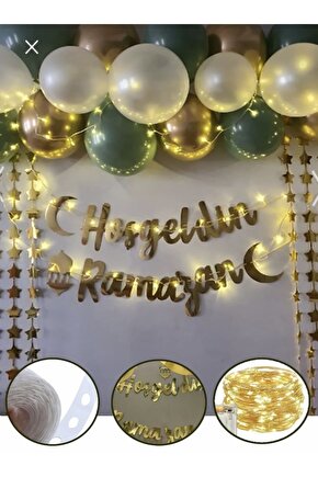 Hoşgeldin Ramazan Gold Kaligrafi Yazı Ledli Zincir Balon Ramazan Bayramı Oda Süsleme Seti