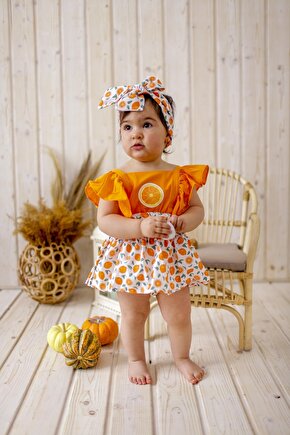 Kız Bebek Bandanalı Tatlı Meyveler Elbise Turuncu