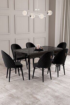 Calvin Siyah Mermer Desen 80x132 Mdf Açılabilir Mutfak Masası Takımı 6 Adet Sandalye