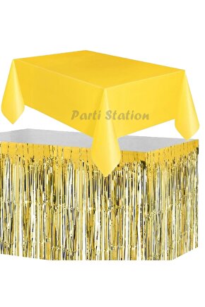 Masa Örtüsü ve Etek Set Plastik Sarı Renk Masa Örtüsü Altın Gold Renk Metalize Sarkıt Masa Eteği Set