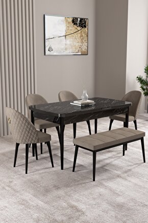 Milas Siyah Mermer Desen 80x132 Mdf Açılabilir Mutfak Masası Takımı 4 Sandalye, 1 Bench