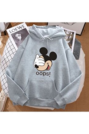 Kapşonlu Oversize Gri Mickey Baskılı Sweatshirt