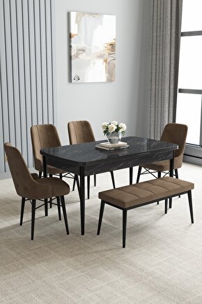Siyah Mermer Desen 80x132 Açılabilir Mutfak Masası Takımı 4 Sandalye 1 Bench
