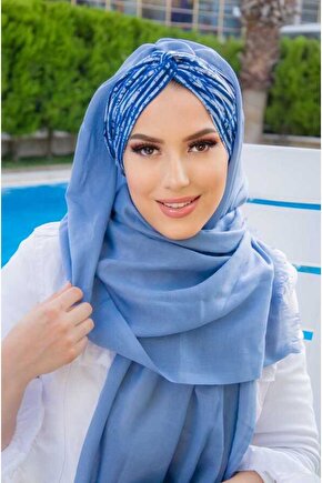Indigo Çizgili Büzgülü Hazır Şal - 50601