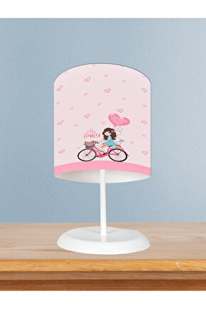 BEBEK VE ÇOCUK ODASI Bisikletli Kız ve Kalpli Balon Desenli Pembe Abajur