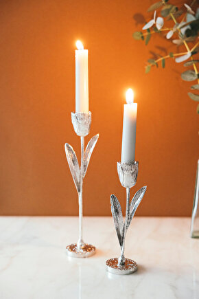 2li Elegant Botanica Gümüş Yapraklı Mumluk Seti