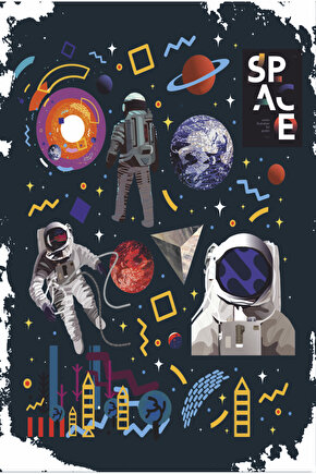 uzay güneş sistemi gezegenler astronotlar retro ahşap poster