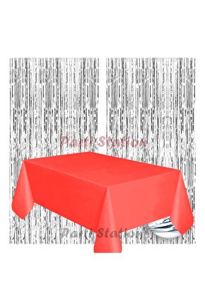 2 Adet Gümüş Gri Renk Metalize Arka Fon Perdesi ve 1 Adet Plastik Kırmızı Renk Masa Örtüsü Set