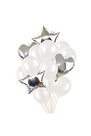 Metalik Beyaz Balon 10 Adet Gümüş Yıldız 2 Adet Gümüş Kalp 2 Adet Set