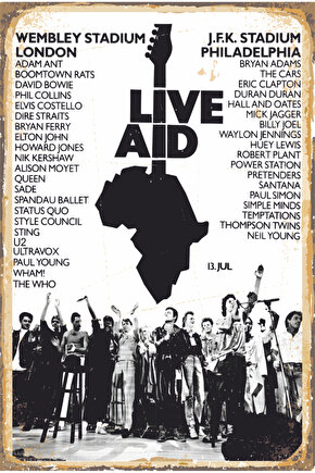 live aid 1985 konseri queen unutulmaz efsane konser afişi retro ahşap poster