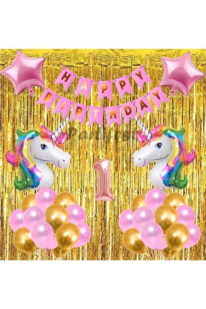 Gökkuşağı Unicorn Konsept 1 Yaş Balon Doğum Günü Set Gökkuşağı Altın Renk Unicorn Yaş Balon Set