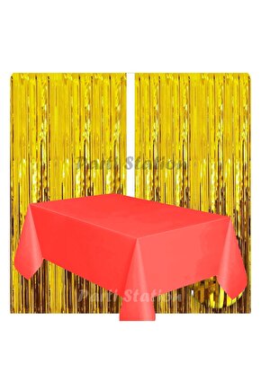 2 Adet Altın Gold Renk Metalize Arka Fon Perdesi ve 1 Adet Plastik Kırmızı Renk Masa Örtüsü Set