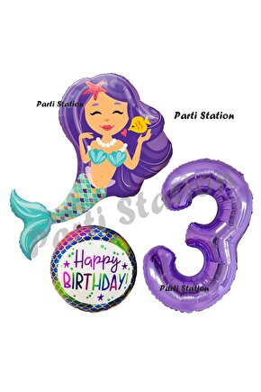Deniz Kızı Konsept Mermaid Deniz Kızı 3 Yaş Balon Set ve Mor Rakam Balon Doğum Günü Parti Balon Set
