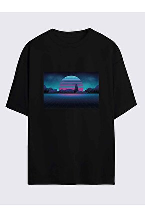 Vapor Wave Baskılı Pamuklu Oversize Siyahtshirt