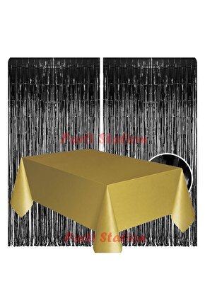 2 Adet Siyah Renk Metalize Arka Fon Perdesi ve 1 Adet Plastik Gold Altın Renk Masa Örtüsü Set