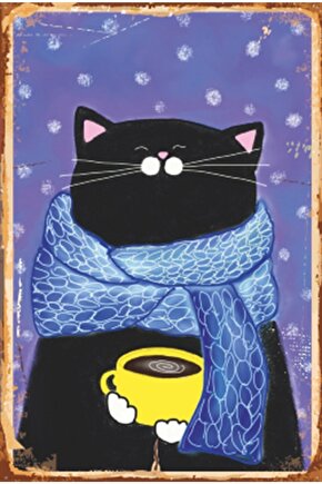 Kahve Içen Kedi Retro Ahşap Poster