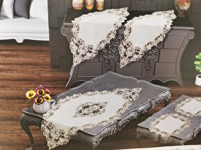 Larme Krem 5 Parça Salon Takımı Dantelli Masa Örtüsü Runner Seti