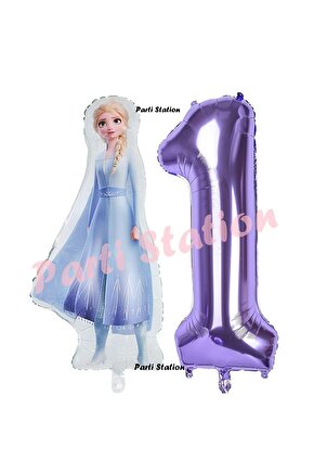 Elsa Frozen Balon 1 Yaş Doğum Günü Set Frozen Karlar Ülkesi Konsept Balon ve Mor Rakam Balon