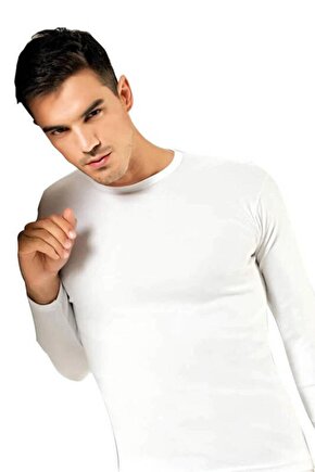 Erkek Beyaz Elastan Sıfır Yaka Uzun Kollu T-shirt 2li Te1302
