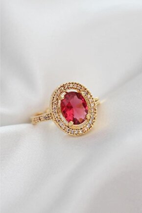 Ayarlamalı Altın Renk Pembe Kristal Taşlı Oval Yüzük