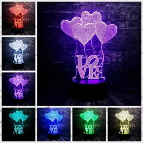 3D Üç Boyutlu Kalpli Balonlar ve Love Gece Lambası Dokunmatik Renk Değiştiren