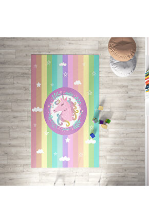 RONNA HOME Bebek ve Çocuk Odası Renkli Unicorn Dekoratif Antialerjik Halı RNNCH-122