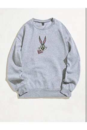 Oversize Bugs Bunny Baskılı Gri Sweatshirt