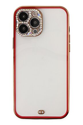 Newface iPhone 13 Pro Max Kılıf Liva Taşlı Silikon - Kırmızı
