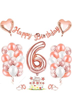 Rose Gold 6 Yaş Folyo Balon Seti Ve Happy Birthday Banner Rosegold Doğum Günü Parti Seti