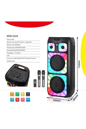 BÜYÜK BOY ÇİFT MİKROFONLU BLUETOOTH HOPARLÖR TAŞINABİLİR ŞARJLI LED IŞIKLI SPEAKER