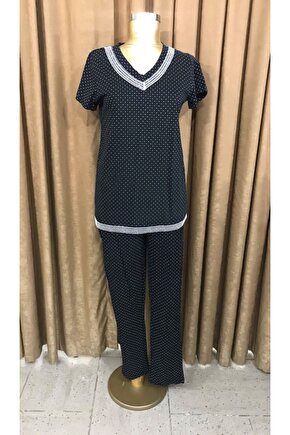 Kısa Kol Pijama Takımı-3216-Siyah Puantiyeli