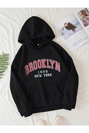 Kapşonlu Oversize Brooklyn Baskılı Siyah Sweatshirt