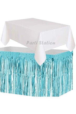 Masa Örtüsü ve Masa Eteği Plastik Beyaz Renk Masa Örtüsü Mavi Renk Metalize Sarkıt Masa Eteği Set
